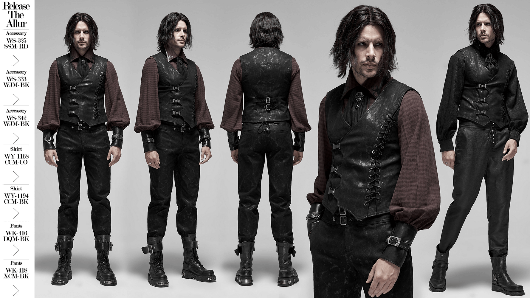 Gothic style men's vest with metal buckles and lacing in black, showcasing a unique edgy design.