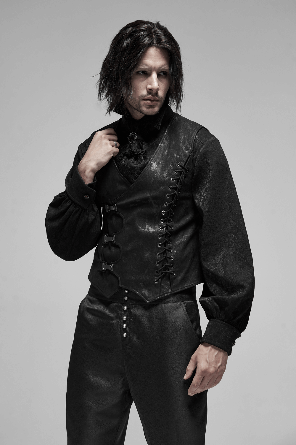 Stylish Gothic men's vest with metal buckles and lacing, perfect for edgy fashion enthusiasts.