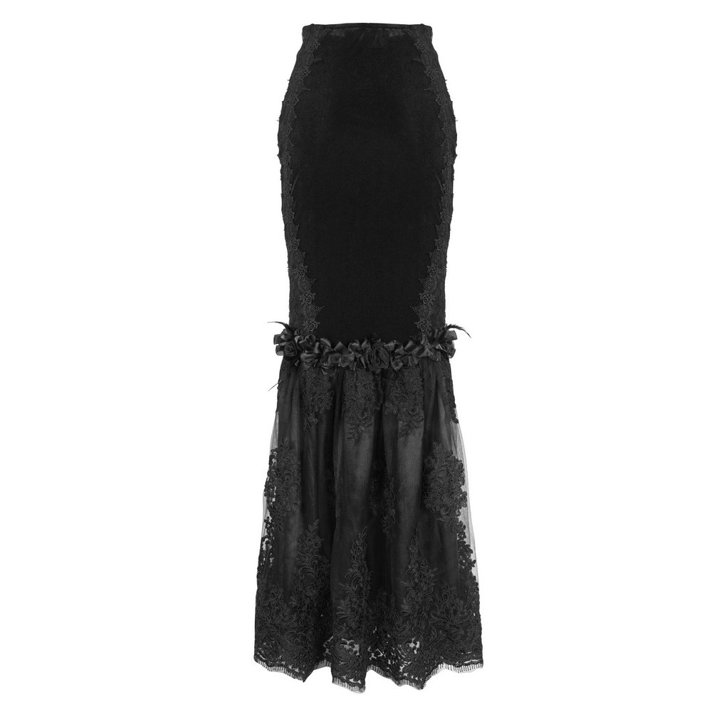 Elegant black gothic-style skirt featuring lace details and floral accents, perfect for alternative fashion lovers.