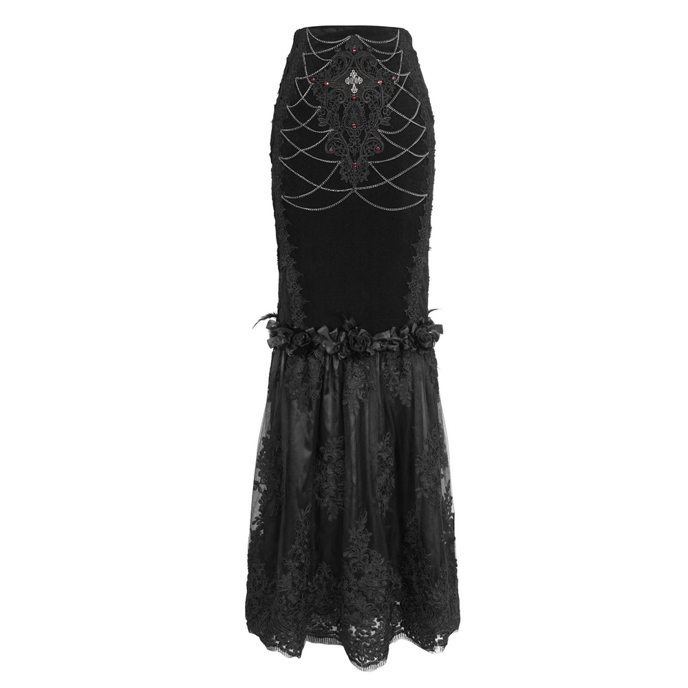 Gothic-style black skirt with intricate lace details and floral accents, perfect for alternative fashion lovers.