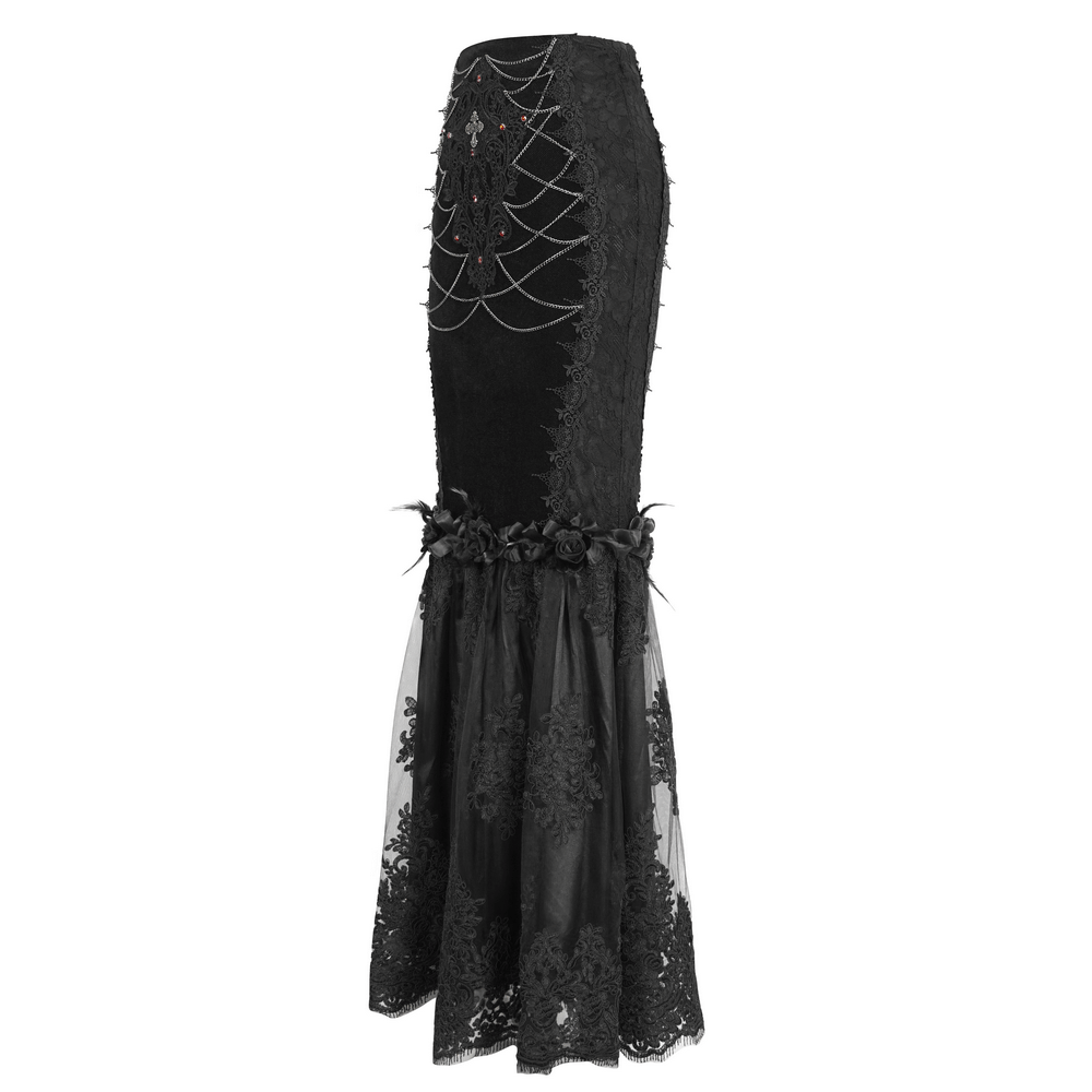Elegant gothic-style black skirt with lace details and floral accents, perfect for alternative fashion lovers.