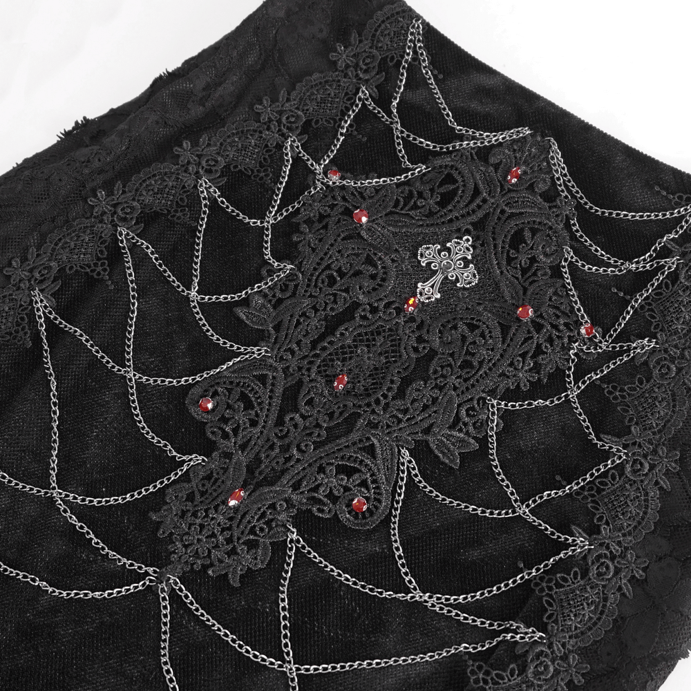 Gothic skirt featuring intricate lace, red accents, and chain details, perfect for alternative fashion enthusiasts.