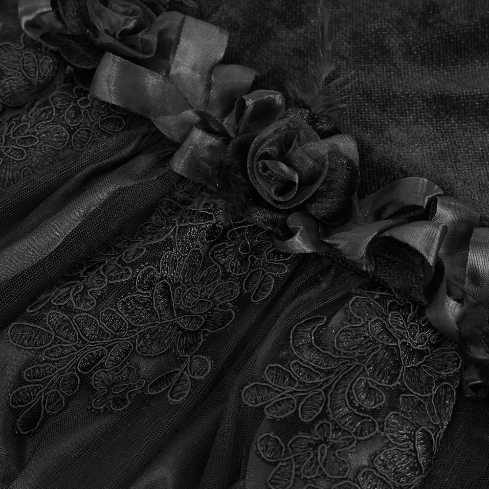 Gothic black skirt featuring intricate lace details and floral embellishments for elegant alternative fashion.