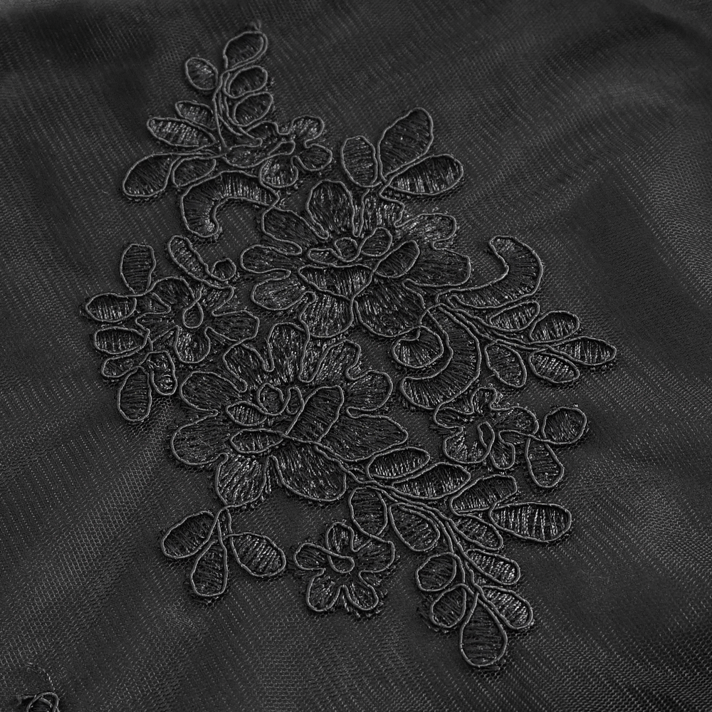 Intricate black floral lace detailing on sheer fabric for gothic-style fashion.