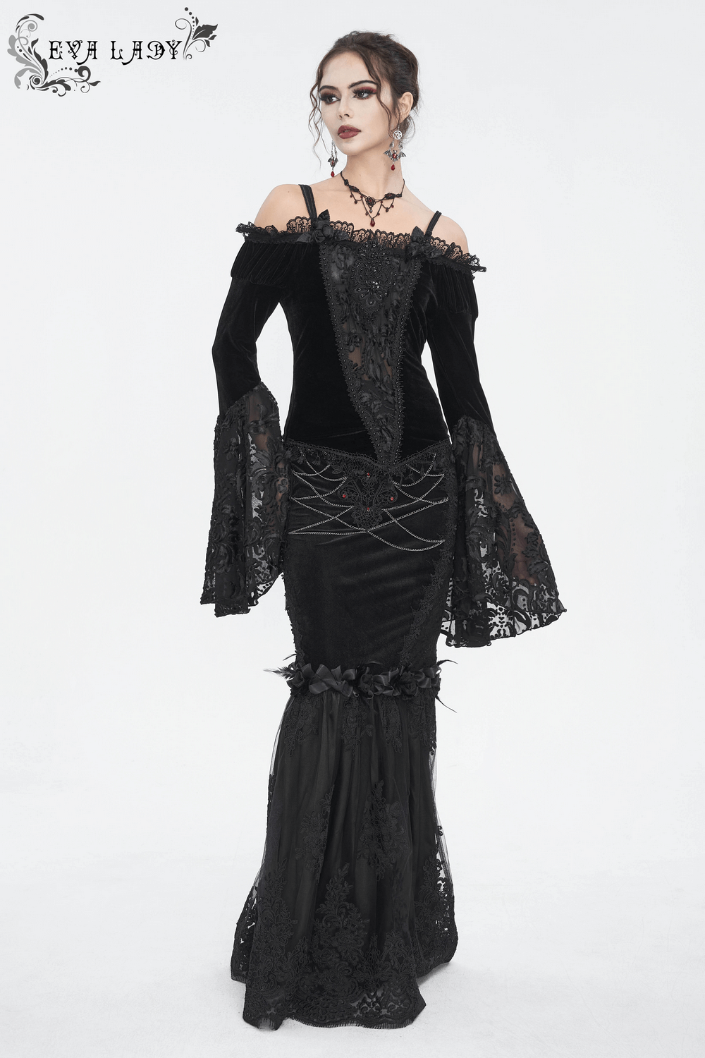Elegant gothic-style black gown with lace details and bell sleeves, perfect for alternative fashion lovers.