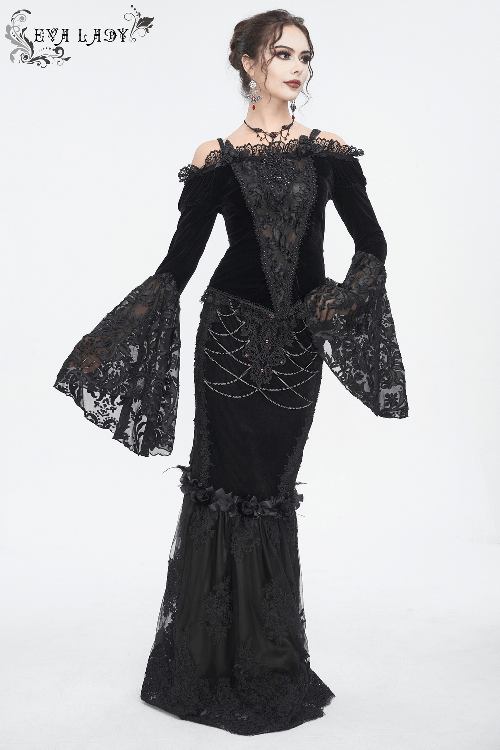 Elegant black gothic-style dress with lace details and dramatic bell sleeves, perfect for alternative fashion lovers.