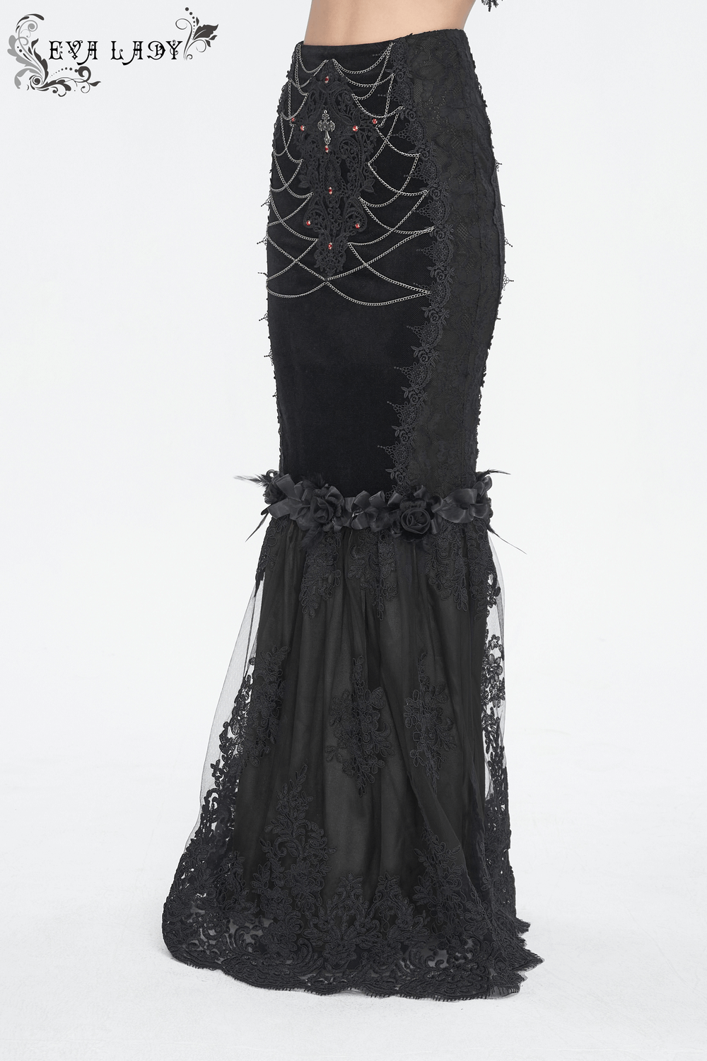 Gothic-style black skirt featuring delicate lace details and floral accents for elegant alternative fashion.