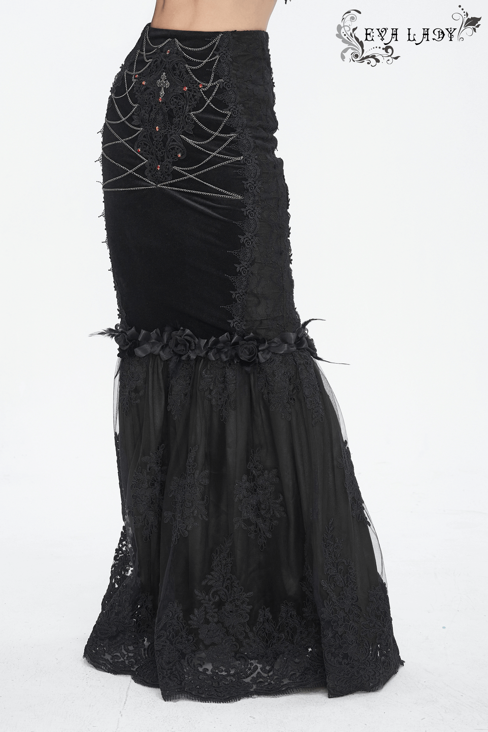 Gothic-style black skirt with lace details and floral accents for alternative fashion enthusiasts.