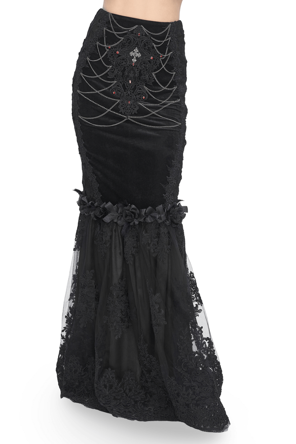 Gothic-style black skirt featuring intricate lace details and floral accents for a dramatic silhouette.