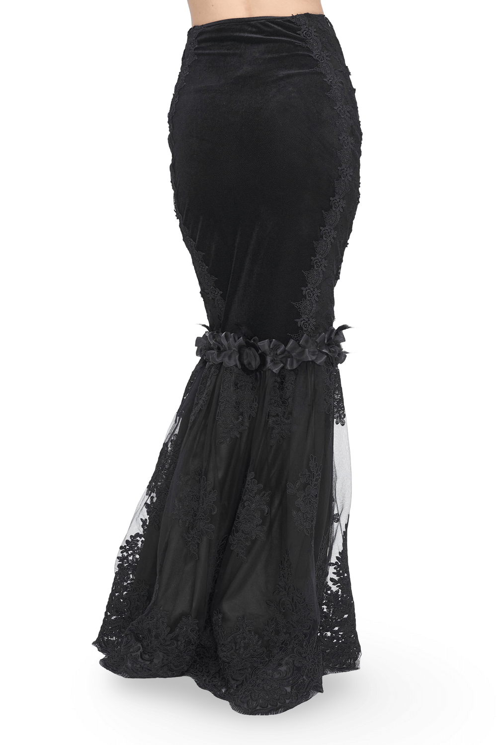Gothic-style black skirt with lace details and floral accents, perfect for alternative fashion lovers.