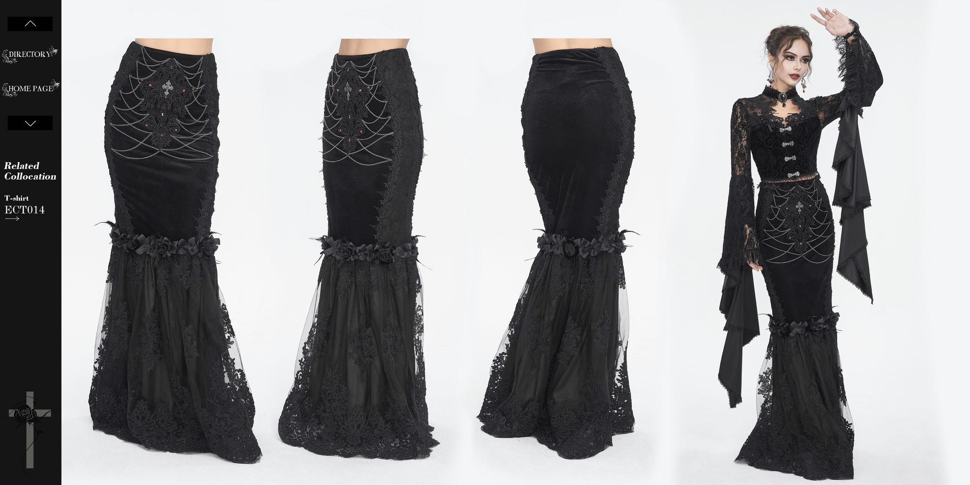 Elegant gothic black skirt with lace details and floral accents, perfect for alternative fashion enthusiasts.