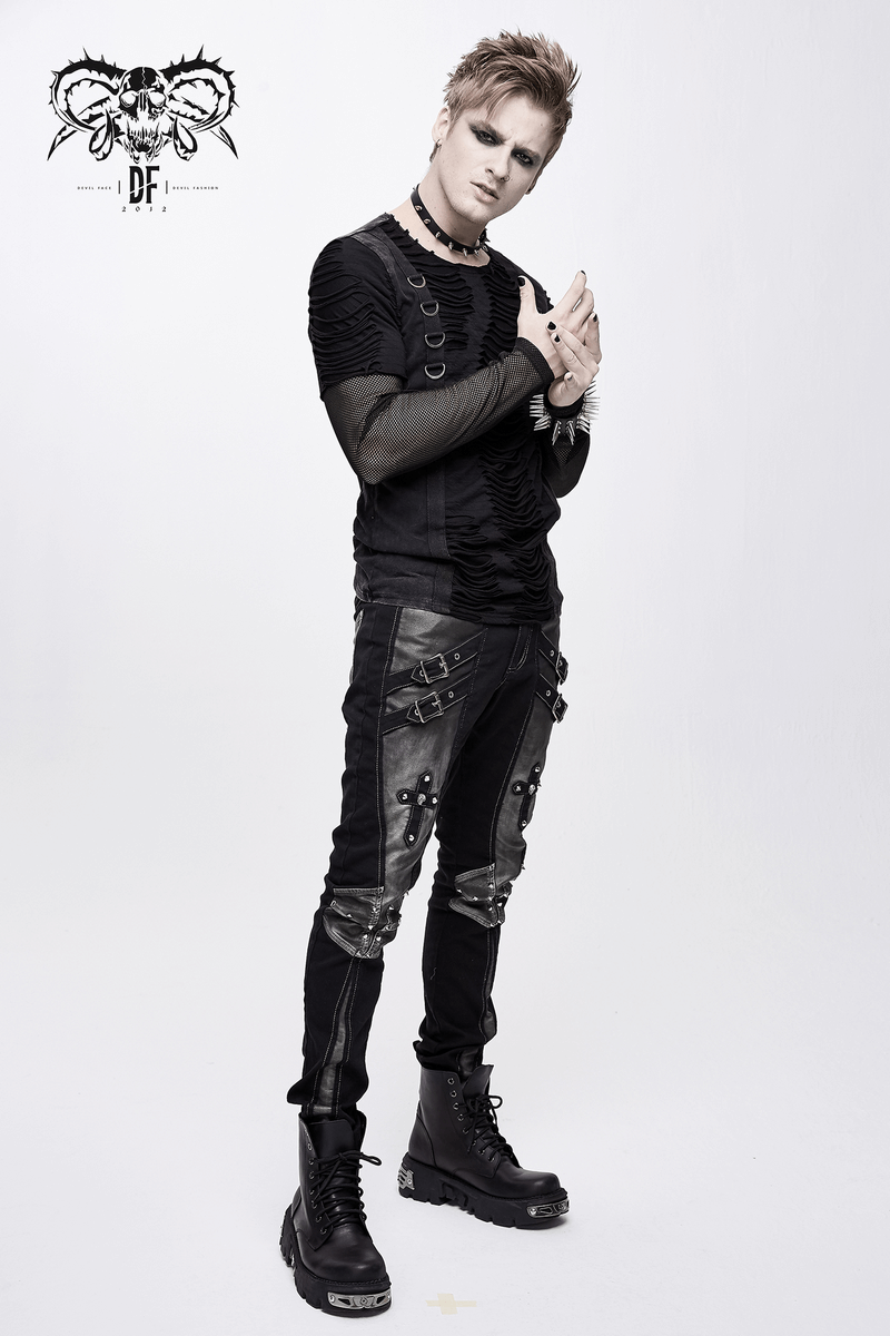 Men's gothic style studded pants with pockets and dual buckle straps, perfect for a punk fashion statement.