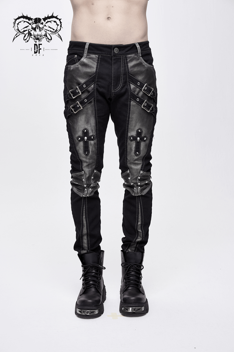 Men's gothic studded black tight pants with dual buckle straps and pockets, showcasing a trendy punk style.