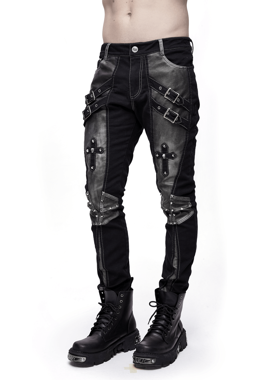 Men's gothic style black studded pants with buckle straps, perfect for punk fashion lovers.