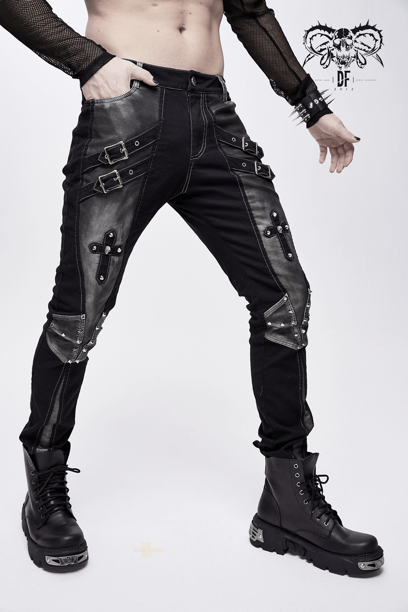 Men's Gothic studded black pants with pockets and dual buckle straps, showcasing punk fashion style.