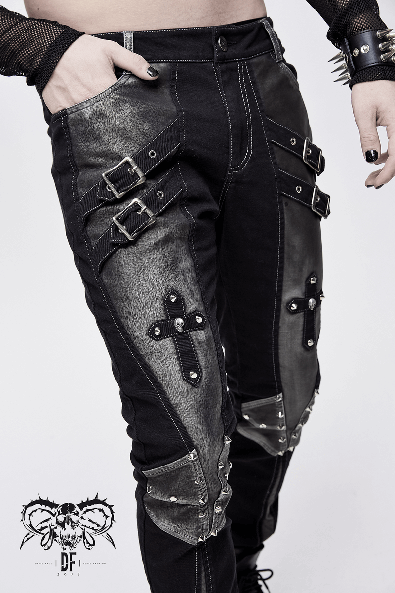 Gothic style black studded pants with dual buckles and cross inserts for men, perfect for punk fashion.