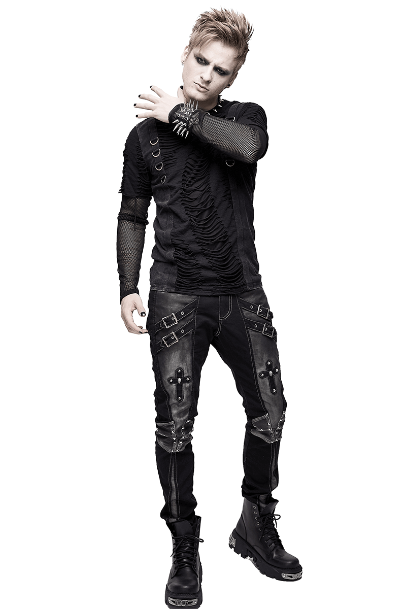 Gothic Style Studded Tight Pants with Pockets / Men's Trousers with Dual Buckle Straps - HARD'N'HEAVY