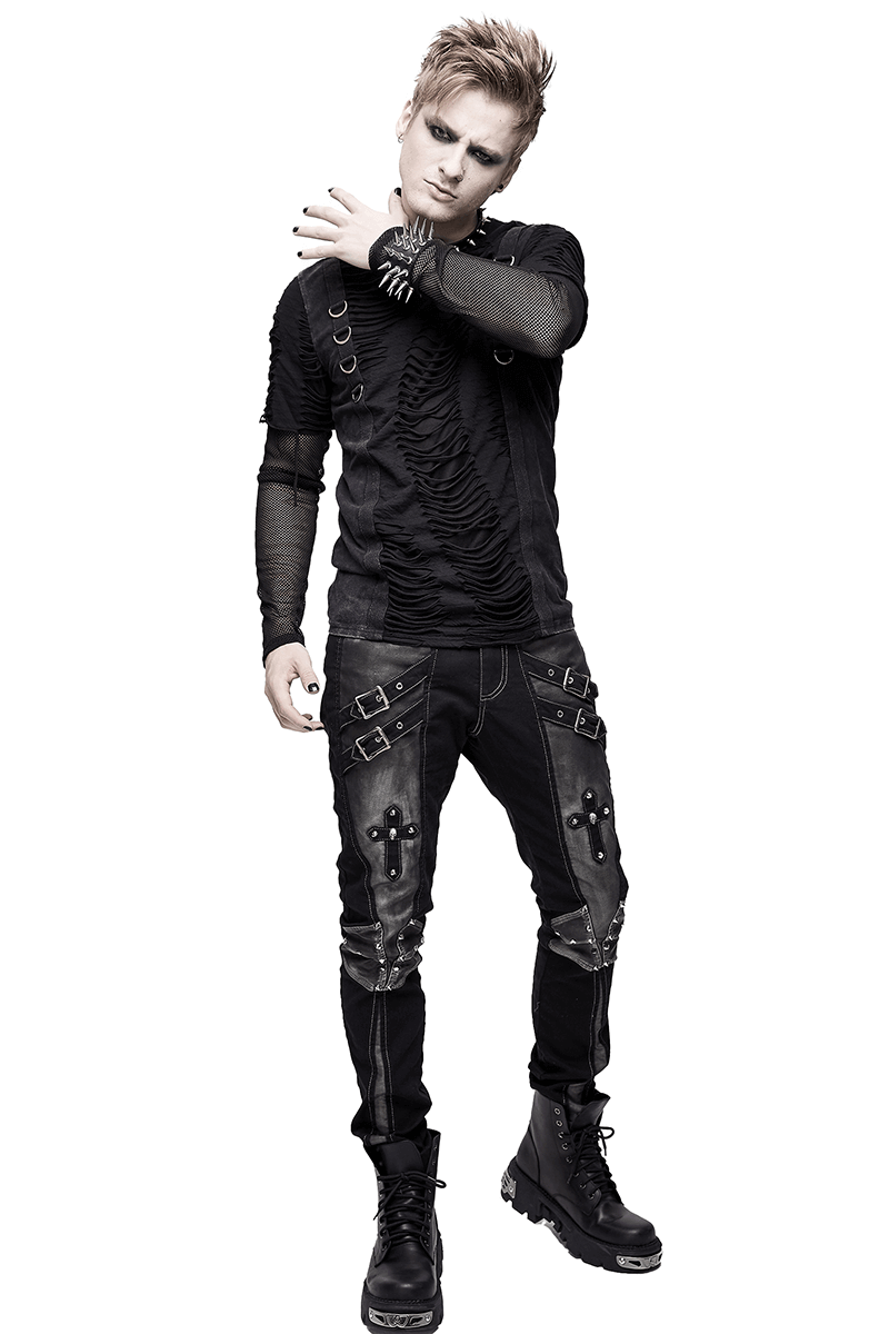 Men's Gothic style studded tight pants with pockets and dual buckle straps, showcasing a punk fashion look.