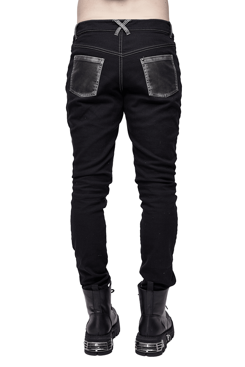 Back view of men's gothic black studded pants with dual buckle straps and pockets, perfect for punk style.
