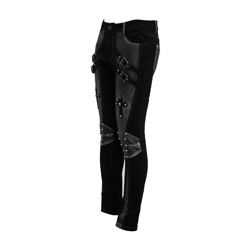 Gothic style men's black studded tight pants with dual buckle straps and side pockets.