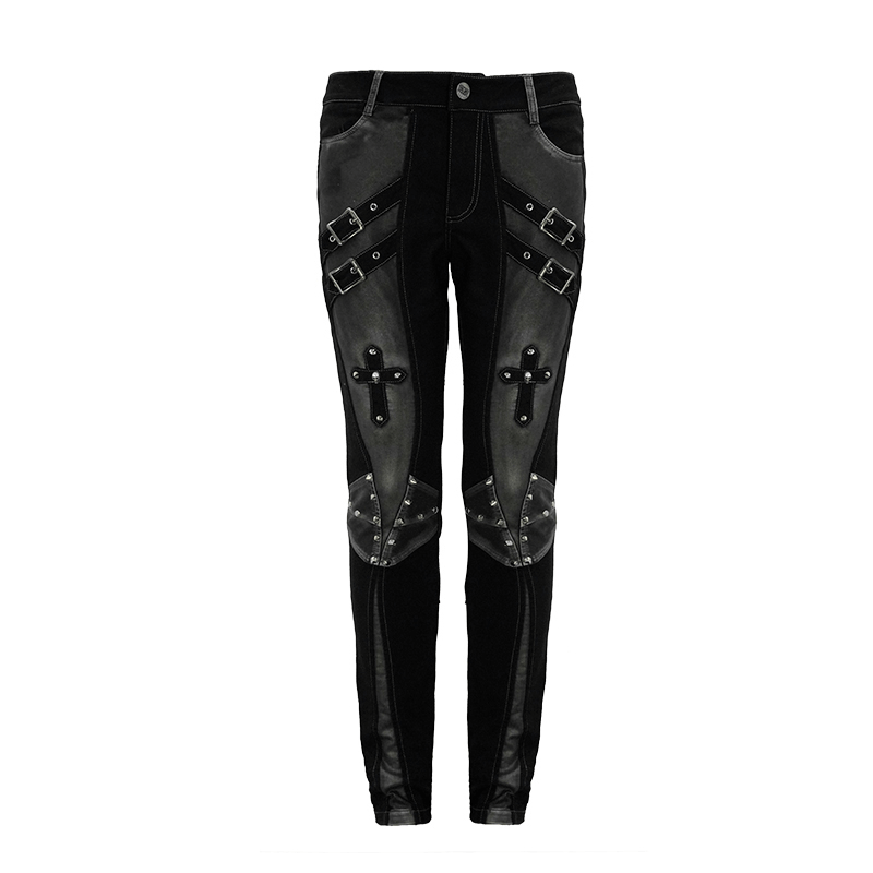 Gothic style studded black pants with dual buckle straps and pockets for men, featuring cross and silver metal inserts.