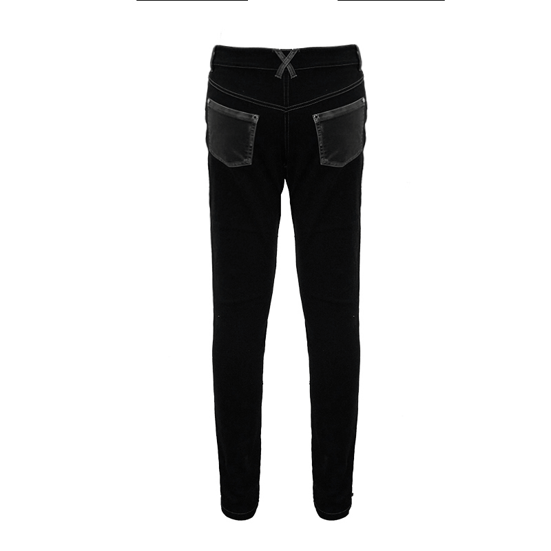 Gothic style men's black studded tight pants with pockets and dual buckle straps, perfect for a trendy punk wardrobe.