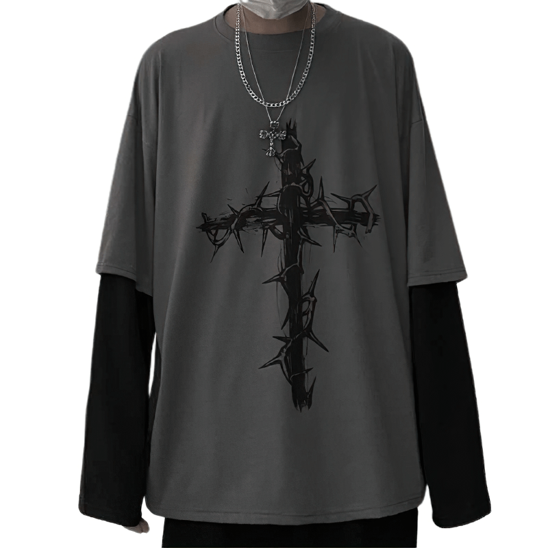 Gothic style oversized sweatshirt for women featuring a stylish cross print in dark gray and long sleeves.