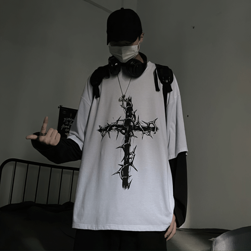 Gothic style oversized sweatshirt for women featuring a bold cross print, perfect for a modern fashion statement.