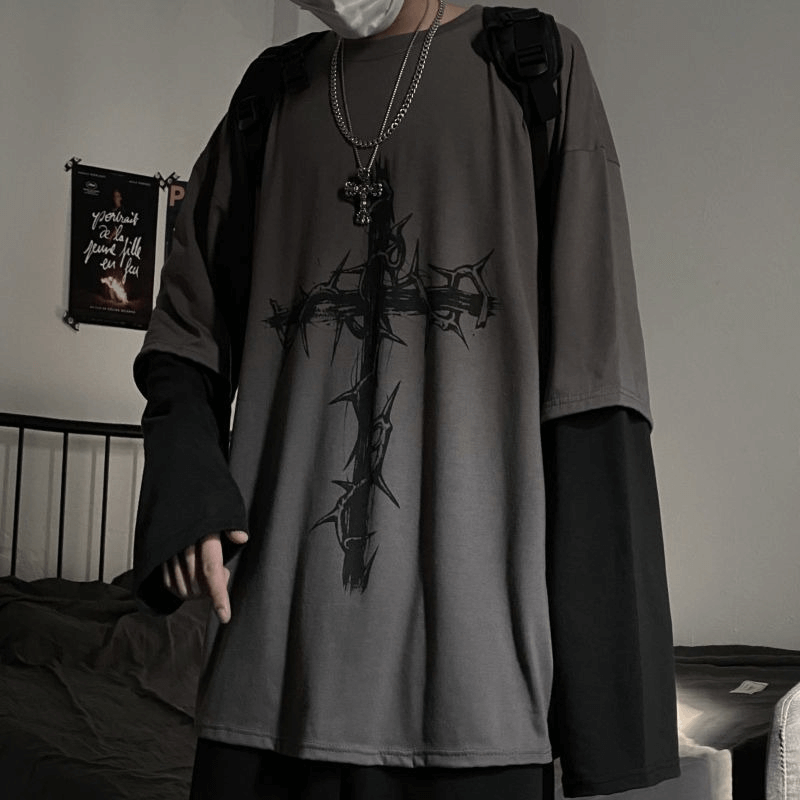 Gothic style oversized sweatshirt for women with long sleeves and cross print, perfect for modern fashion lovers.