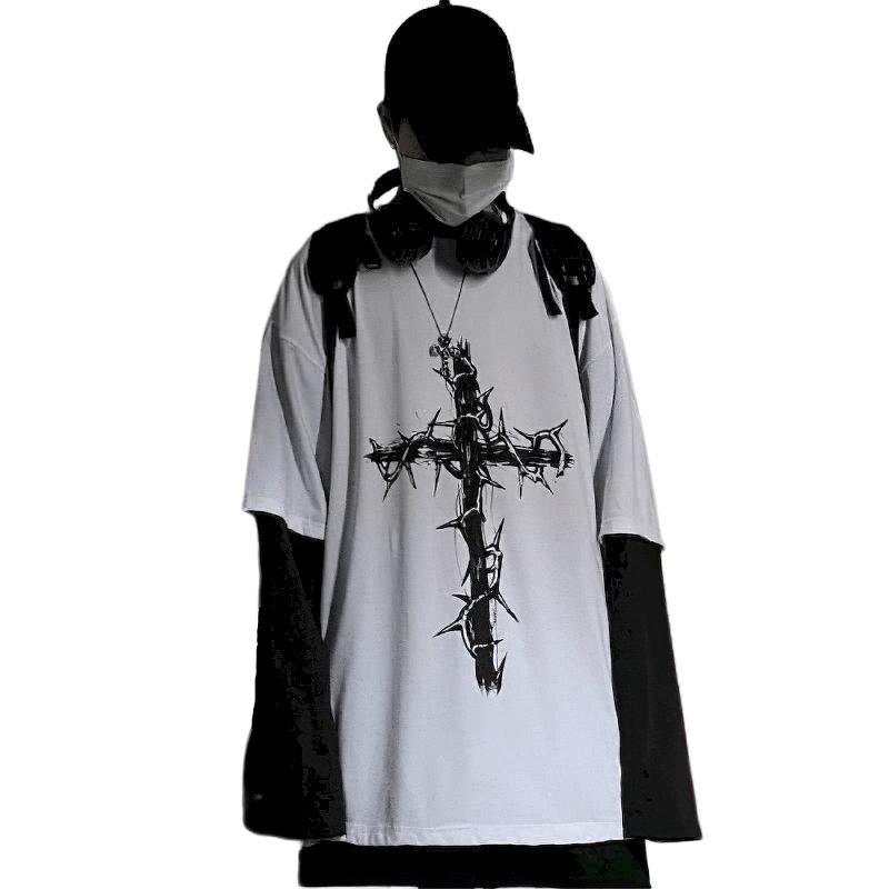 Gothic style oversized sweatshirt for women featuring a stylish cross print, perfect for modern fashion enthusiasts.