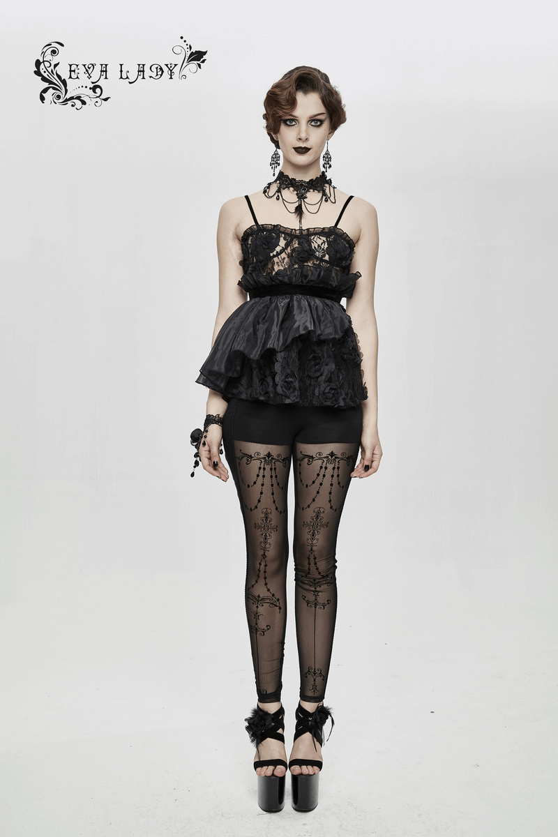 Gothic style women's black top with lace and asymmetric design, model showcasing a stylish look.