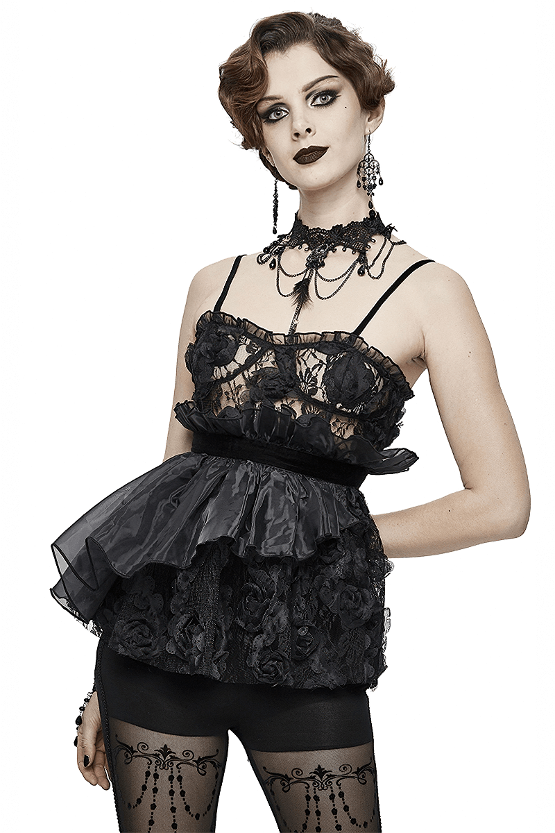 Gothic Style Transparent Lace Asymmetric Top / Women's Black Top With 3D flower - HARD'N'HEAVY