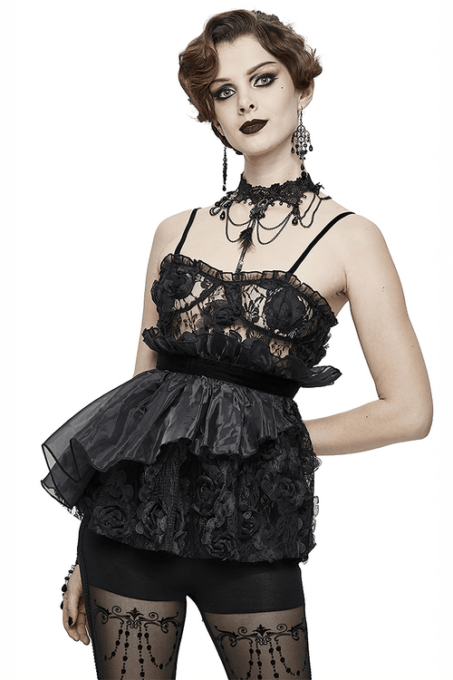 Haut asymétrique en dentelle transparente de style gothique / haut noir pour femme avec fleur 3D
