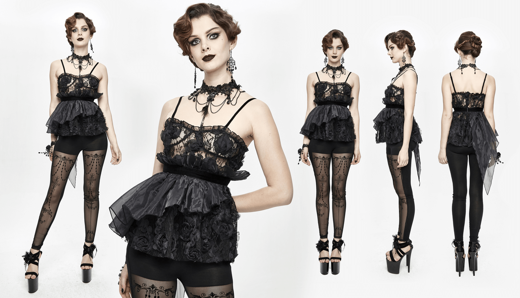 Gothic style transparent lace asymmetric top for women, featuring 3D flowers and elegant black design.