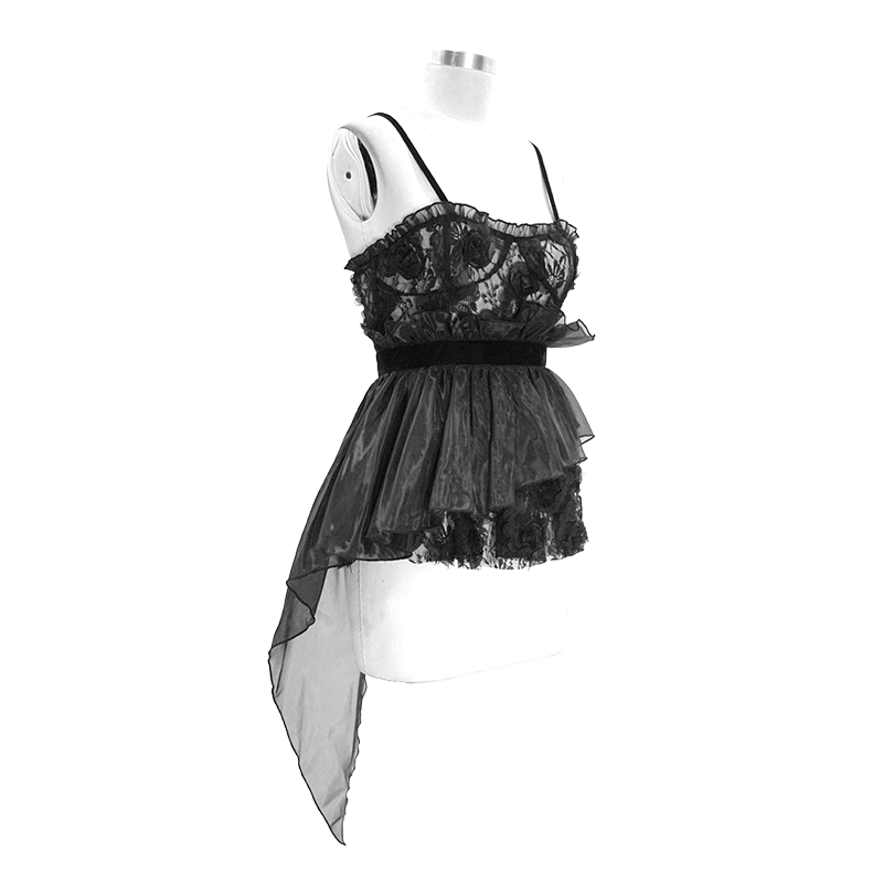 Gothic style transparent lace asymmetric top in black with 3D flower details, perfect for stylish women's fashion.