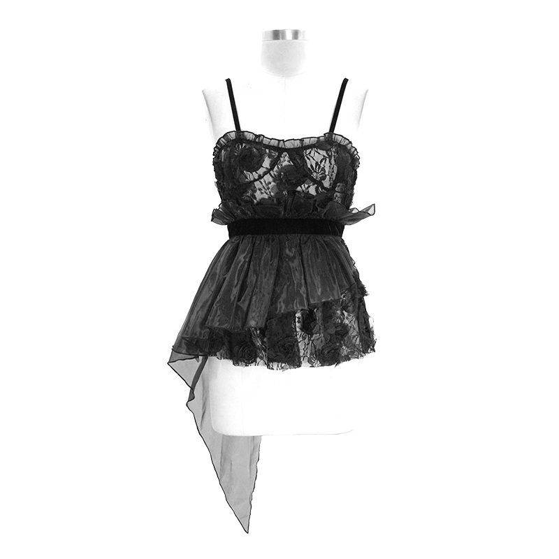 Women's Gothic Style Transparent Lace Asymmetric Top, black with 3D flower, perfect for a chic wardrobe update.