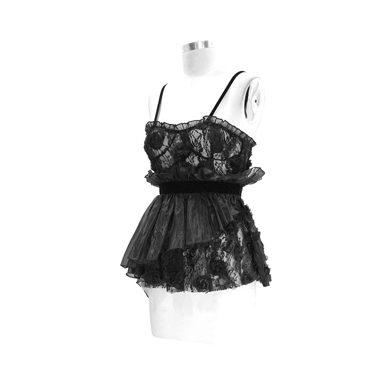 Gothic style transparent lace asymmetric top for women, featuring 3D floral details and a layered design.