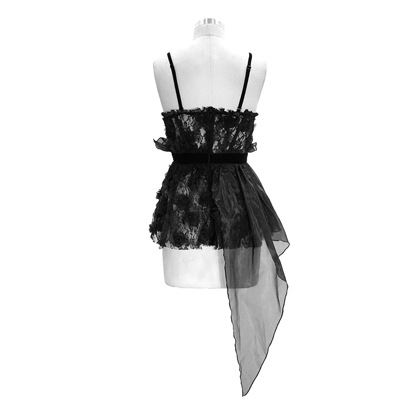 Women's gothic style transparent lace asymmetric top with 3D flower detail in black. Stylish and elegant design.
