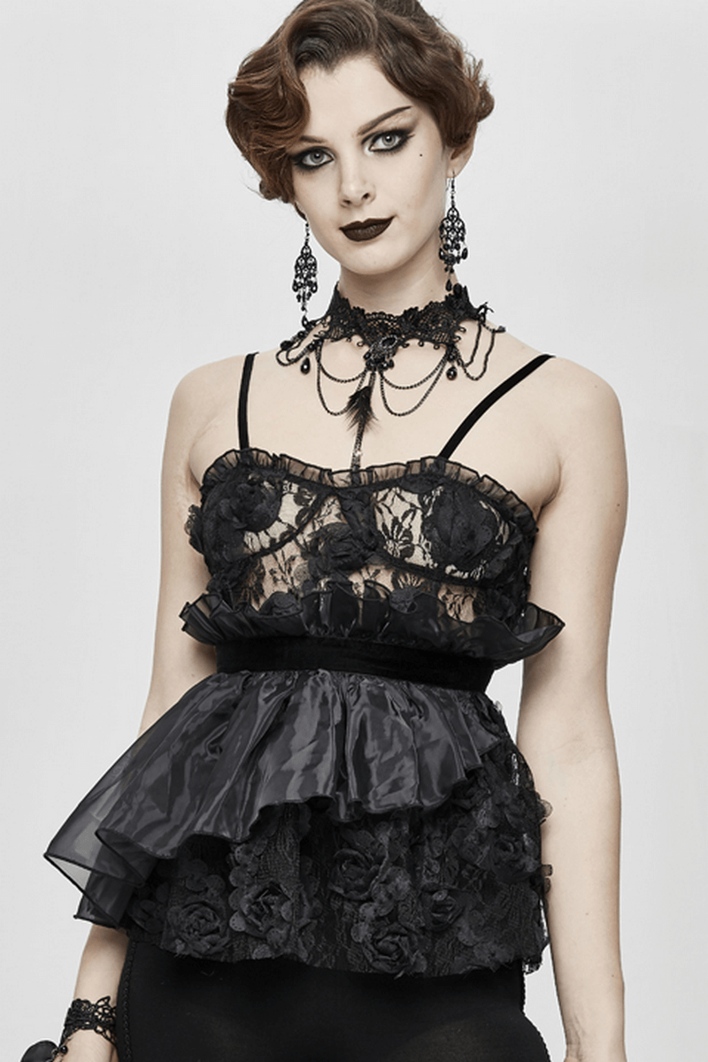 Gothic style transparent lace asymmetric top for women with 3D flowers. Elegant black lace fashion piece.