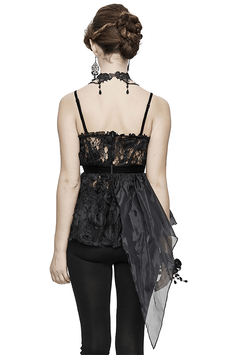 Gothic Style Transparent Lace Asymmetric Top / Women's Black Top With 3D flower - HARD'N'HEAVY