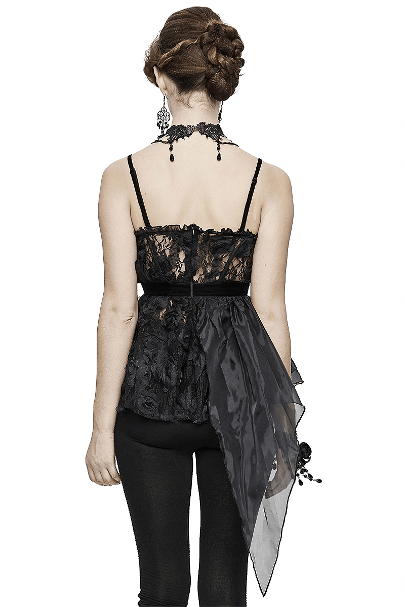 Back view of a gothic-style women's black top with lace details and a flowy asymmetric design.