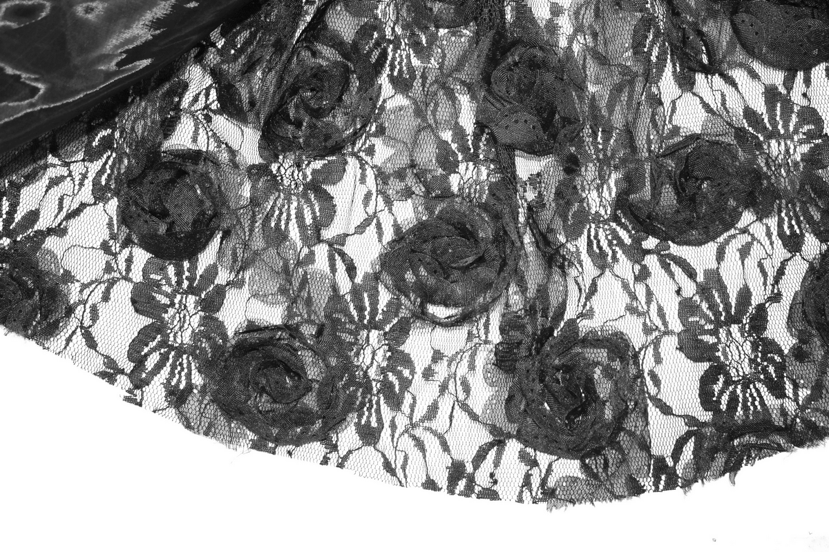Close-up of black transparent lace fabric with 3D rose patterns, perfect for gothic-style women's tops.