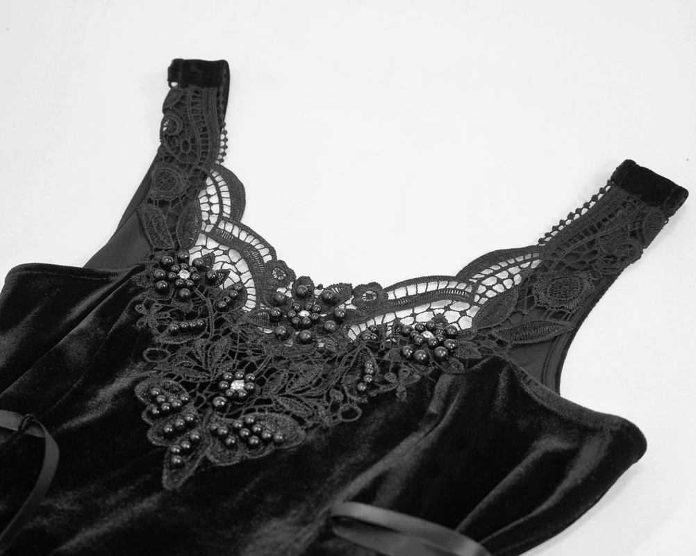Elegant black velvet dress with lace detailing and beads, perfect for gothic fashion lovers.