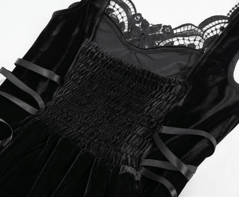Elegant gothic black velvet dress featuring lace inserts and smocked bodice details, perfect for a stylish wardrobe.