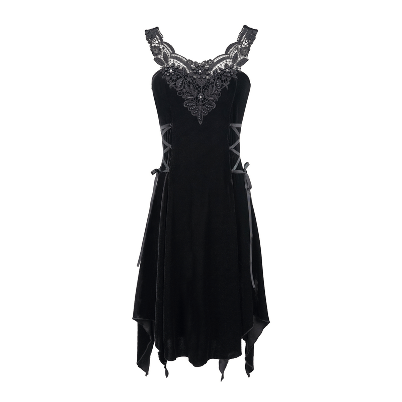 Gothic style black velvet sleeveless dress with lace-up details and irregular hemline for elegant women's fashion.