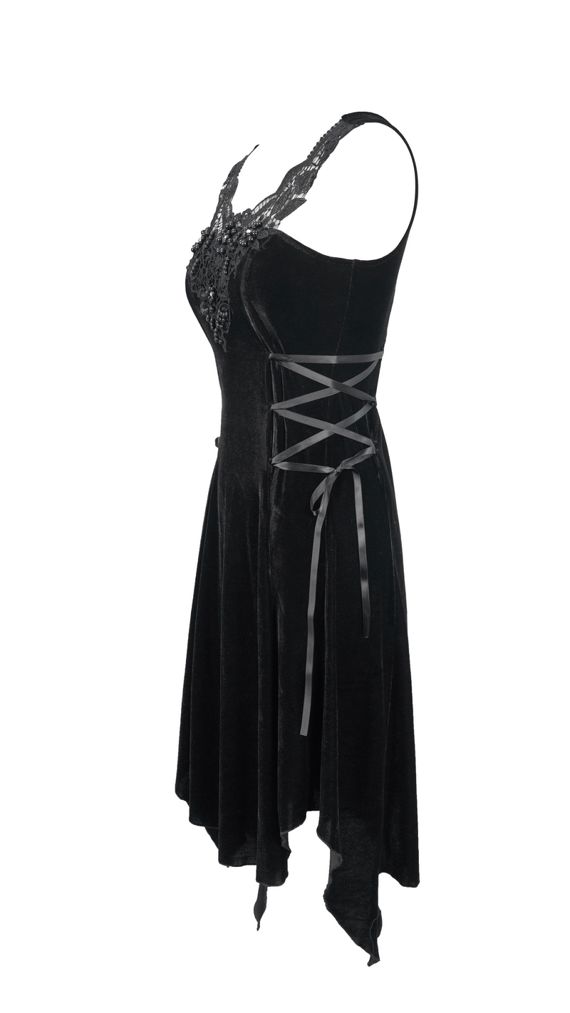 Gothic style black velvet sleeveless dress with lace-up sides, perfect for an elegant gothic wardrobe.
