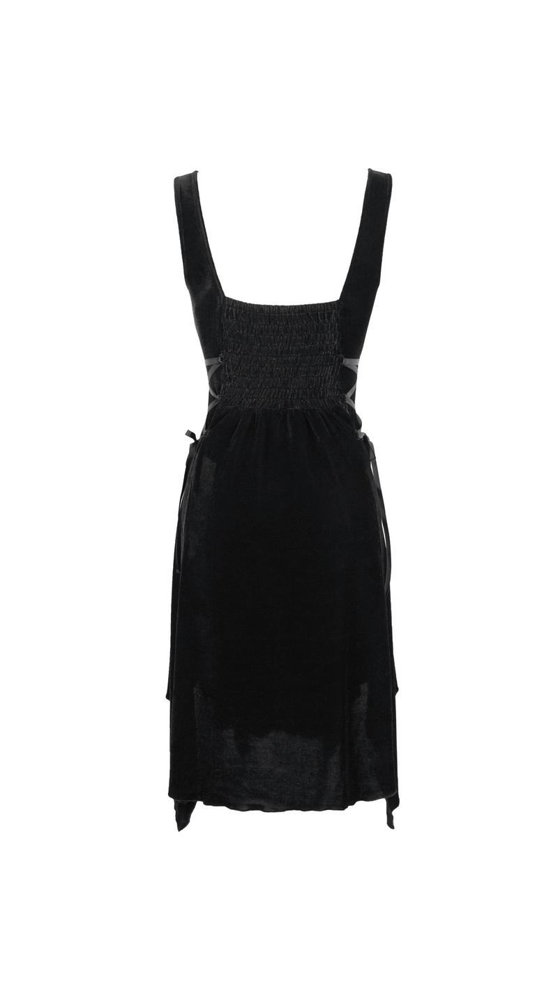 Gothic style black velvet sleeveless dress with lace-up sides and irregular hem for a chic, elegant look.