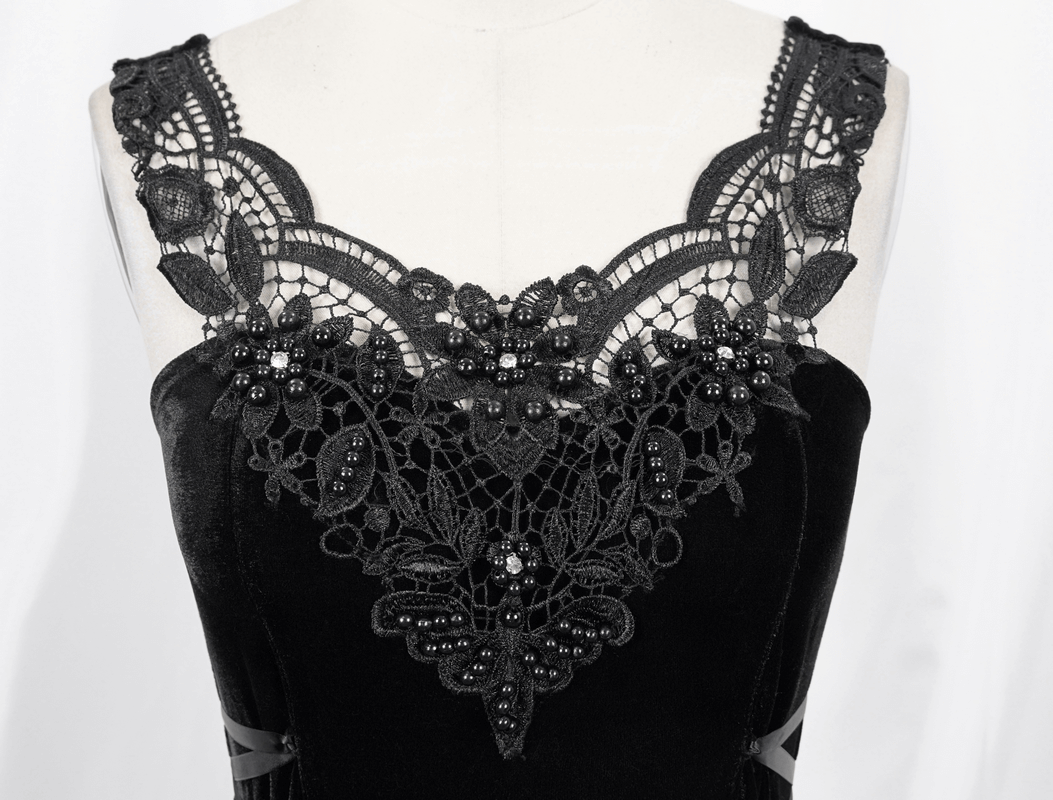Elegant black velvet dress with intricate lace and bead detailing on the neckline, perfect for gothic fashion.