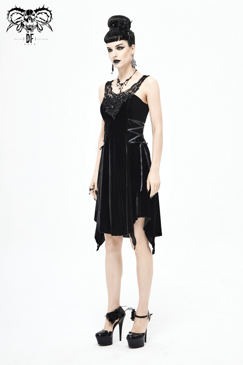 Gothic style black velvet sleeveless dress with lace details and irregular hem, perfect for a stylish look.