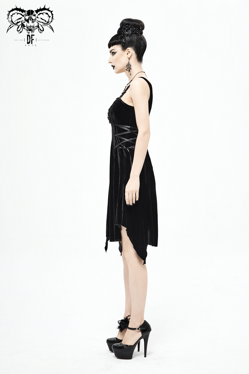 Elegant gothic style velvet sleeveless dress with lace-up details, showcasing a graceful silhouette and chic black color.